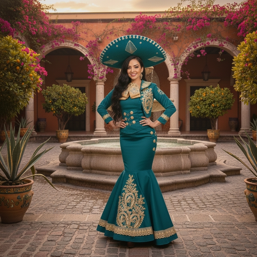 Elegant Teal Mariachi Dress With Gold Embroidery